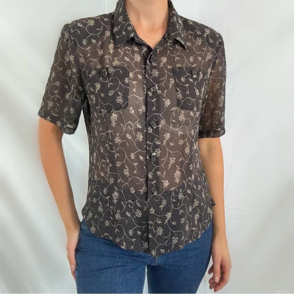 Vintage black gray collared button up short sleeve blouse top women’s medium - Picture 2 of 6